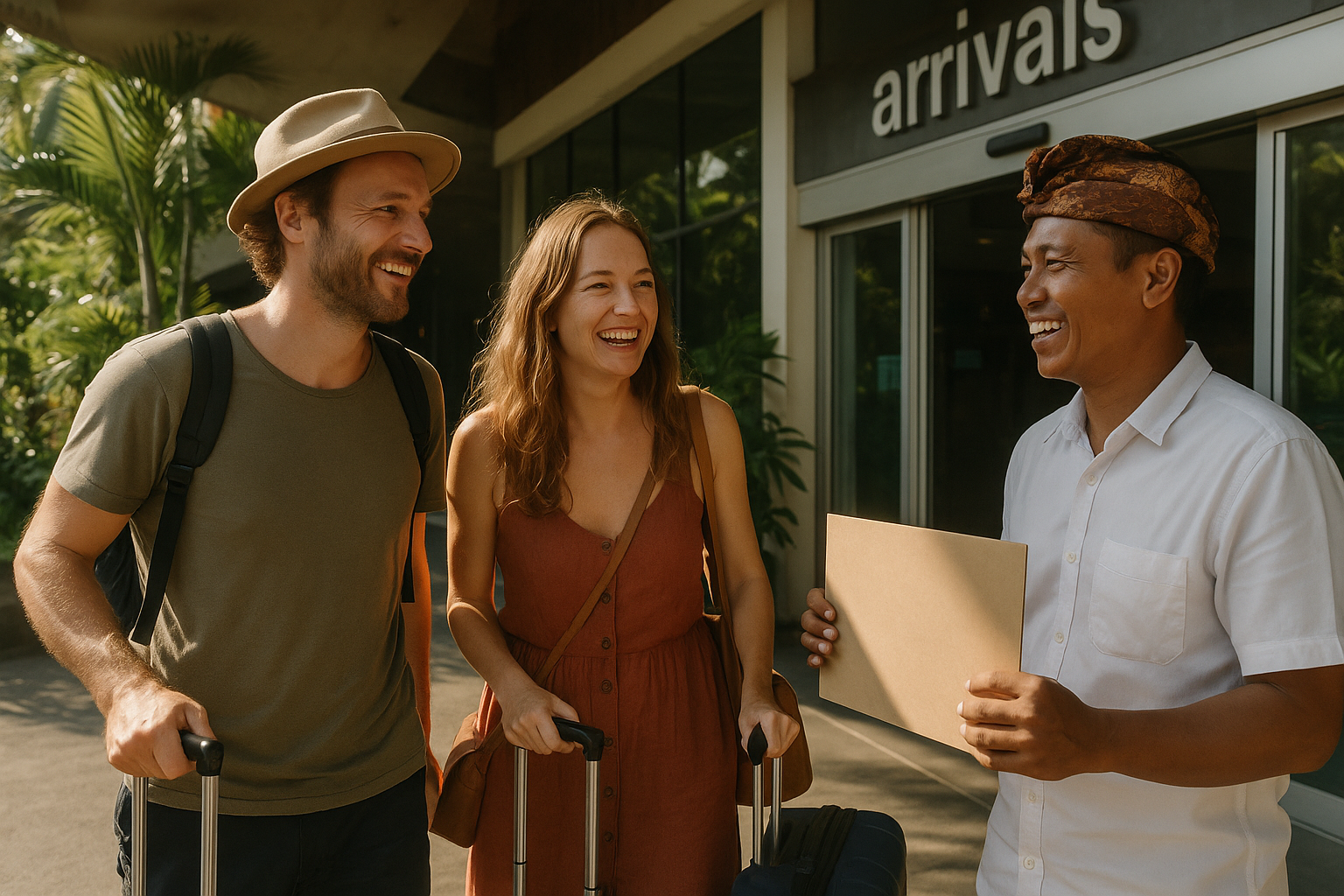 Zwei Touristen verlassen den Flughafen Bali und treffen ihren lokalen Guide – mybestbali.com