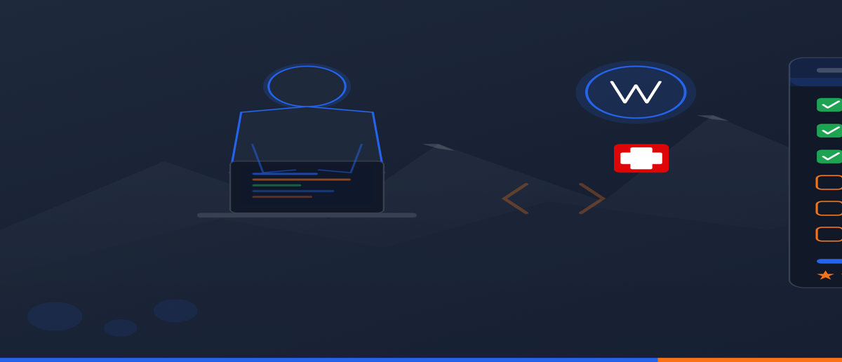 Illustration of choosing a WordPress developer in Switzerland with developer silhouette, code, Swiss mountains and checklist